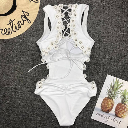 Women Sexy Backless One-Piece Swimsuit Three-Dimensional Flower Rivet One-Piece Bikini Swimsuit
