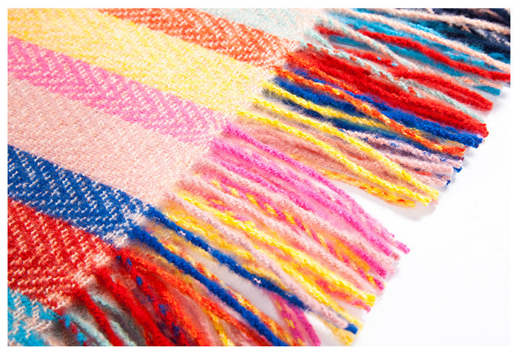 Winter Color Block Striped Tassel Square Scarf