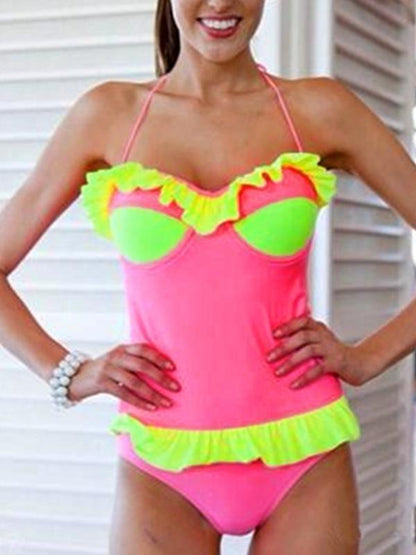 Sexy Lace-Up Belly Halter Ruffled One-Piece Bikini Swimsuit