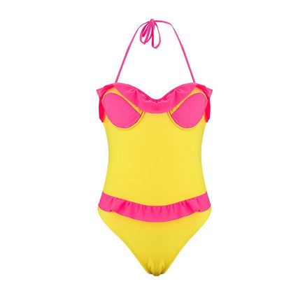 Sexy Lace-Up Belly Halter Ruffled One-Piece Bikini Swimsuit