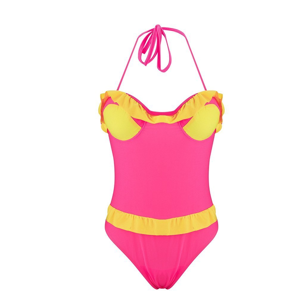 Sexy Lace-Up Belly Halter Ruffled One-Piece Bikini Swimsuit