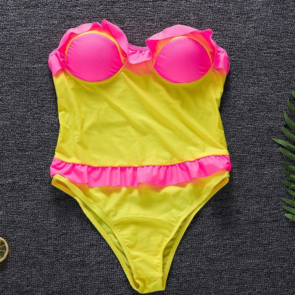 Sexy Lace-Up Belly Halter Ruffled One-Piece Bikini Swimsuit