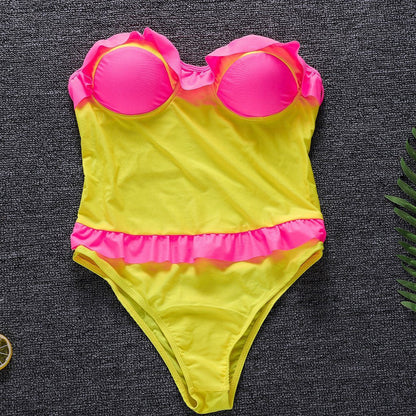 Sexy Lace-Up Belly Halter Ruffled One-Piece Bikini Swimsuit