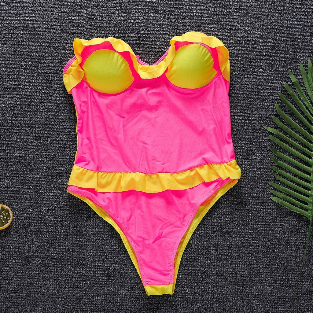 Sexy Lace-Up Belly Halter Ruffled One-Piece Bikini Swimsuit