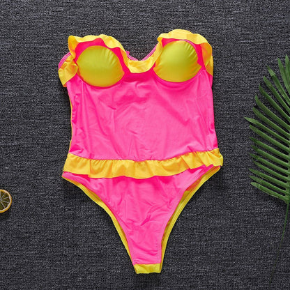 Sexy Lace-Up Belly Halter Ruffled One-Piece Bikini Swimsuit