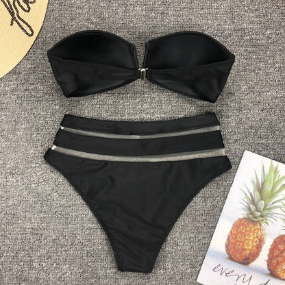 Split Swimsuit V-Neck Mesh Stitching Sexy High Waist Bikini