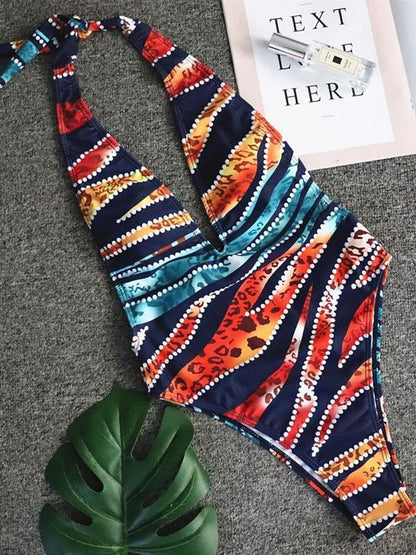 Sexy Leopard Print Bikini One-Piece Swimsuit Deep V Strap Female