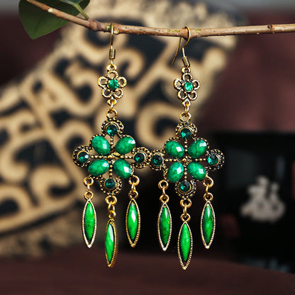 New Vintage Ethnic Accessories Diamond-Shaped Hole Blue Cutout Long Fringed Earrings With Women'S Diamond-Set Alloy Earrings