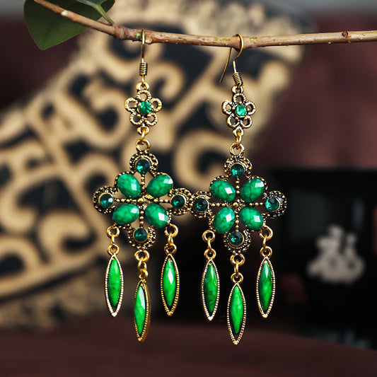 New Vintage Ethnic Accessories Diamond-Shaped Hole Blue Cutout Long Fringed Earrings With Women'S Diamond-Set Alloy Earrings
