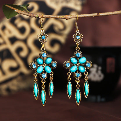 New Vintage Ethnic Accessories Diamond-Shaped Hole Blue Cutout Long Fringed Earrings With Women'S Diamond-Set Alloy Earrings