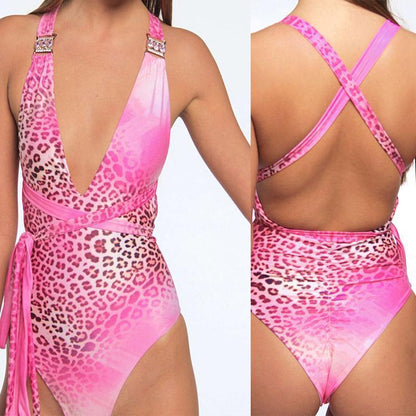 Pink Leopard Print Sexy Backless One-Piece Bikini