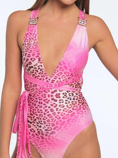 Pink Leopard Print Sexy Backless One-Piece Bikini