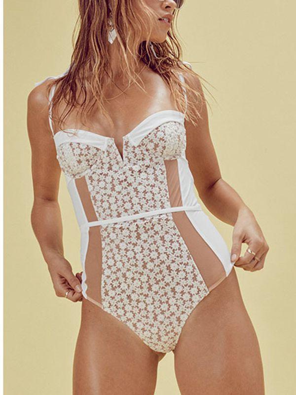 Butterfly Bandage Lady Floral Tight-Fitting One-Piece Halter Swimsuit Bikini