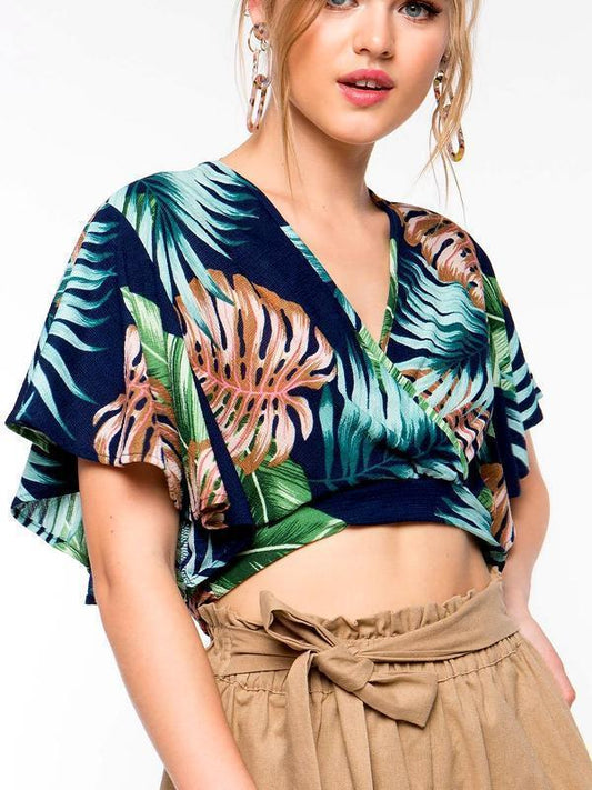 Short-Sleeved Bamboo Leaf Print Waist Tie Short Shirt Top
