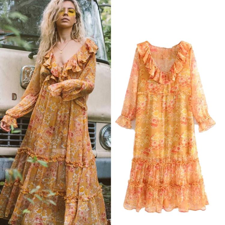Maple Leaf Print Deep V-Neck Ruffle Long Dress