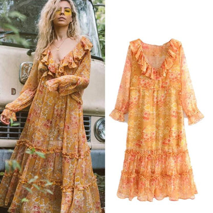 Maple Leaf Print Deep V-Neck Ruffle Long Dress