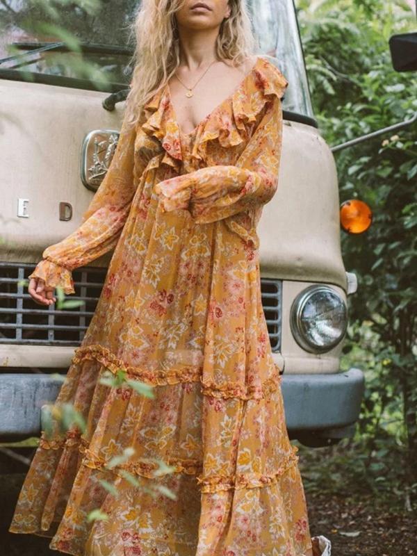 Maple Leaf Print Deep V-Neck Ruffle Long Dress