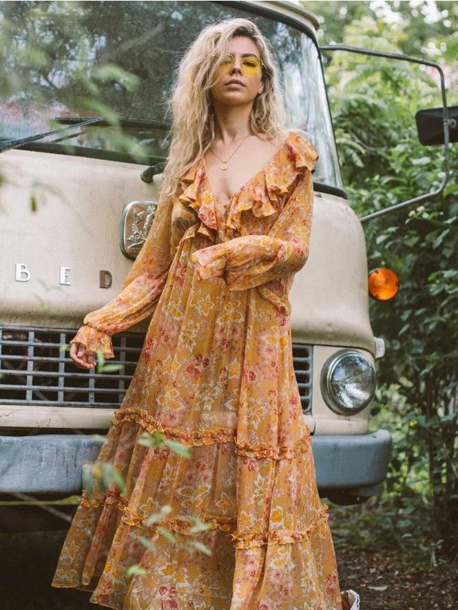 Maple Leaf Print Deep V-Neck Ruffle Long Dress