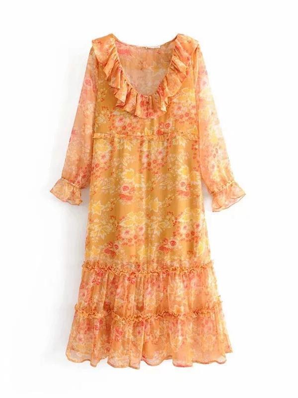 Maple Leaf Print Deep V-Neck Ruffle Long Dress