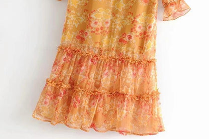 Maple Leaf Print Deep V-Neck Ruffle Long Dress