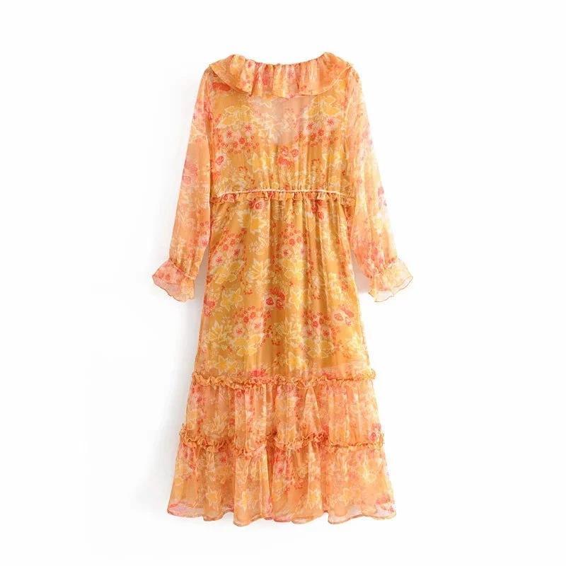 Maple Leaf Print Deep V-Neck Ruffle Long Dress