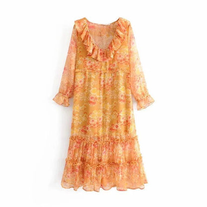 Maple Leaf Print Deep V-Neck Ruffle Long Dress