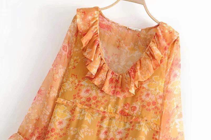 Maple Leaf Print Deep V-Neck Ruffle Long Dress