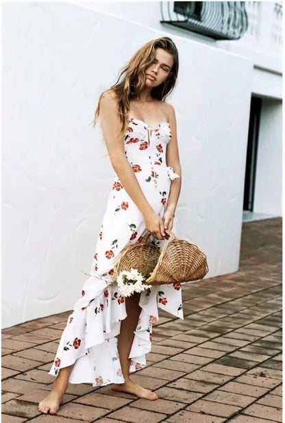 Vacation Style Hanging Neck Low-Cut Dress Floral Long Dress