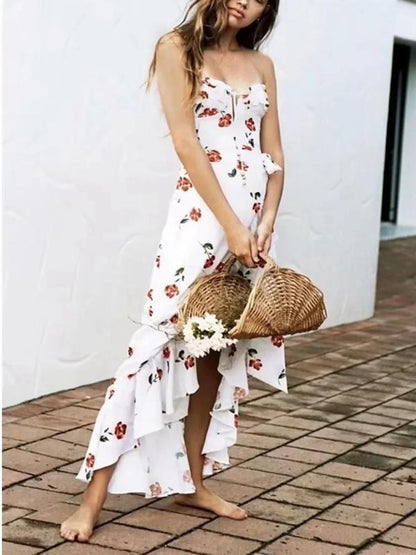 Vacation Style Hanging Neck Low-Cut Dress Floral Long Dress