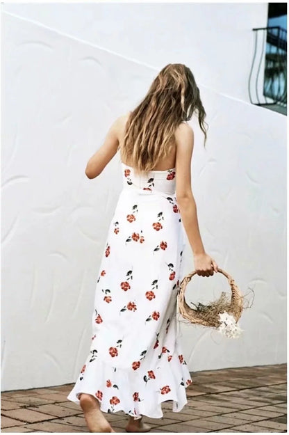 Vacation Style Hanging Neck Low-Cut Dress Floral Long Dress
