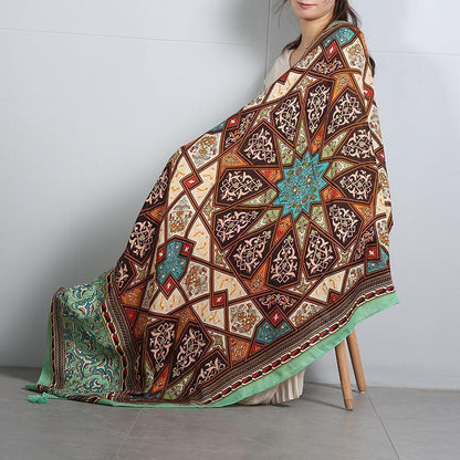 Green Rectangle National Style Vacation Printing Sunscreen Scarf Shawl Beach Towel