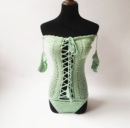 One Shoulder Sexy Hollow Crochet Solid Color One-Piece Swimsuit Bikini