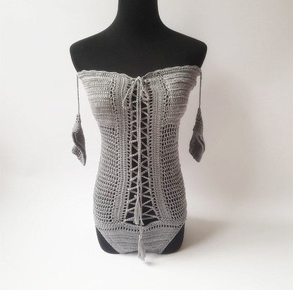 One Shoulder Sexy Hollow Crochet Solid Color One-Piece Swimsuit Bikini