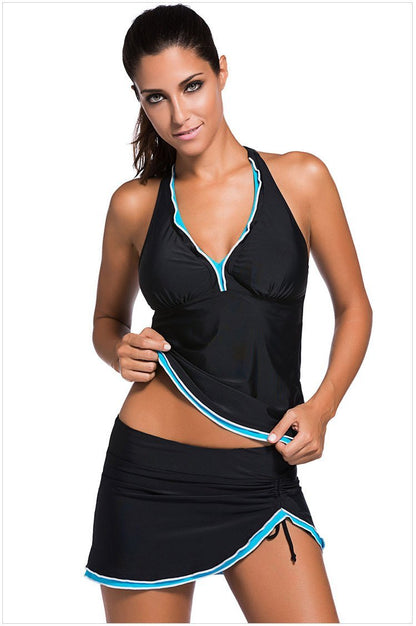 Sexy Backless Solid Two-Piece Skirt Swimsuit