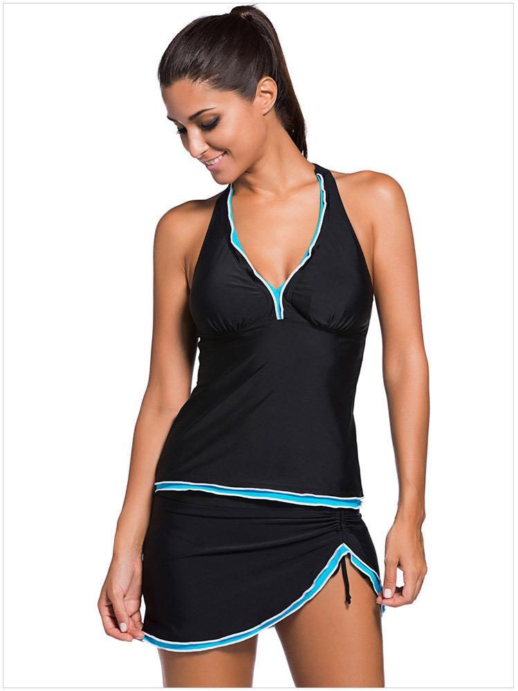 Sexy Backless Solid Two-Piece Skirt Swimsuit