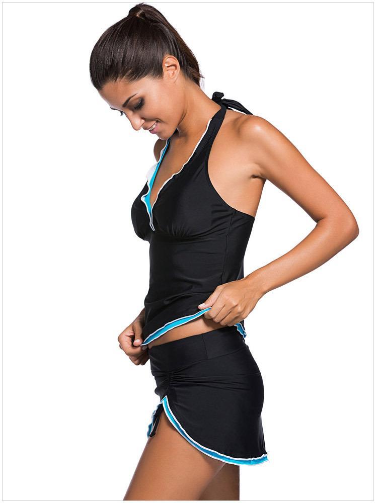 Sexy Backless Solid Two-Piece Skirt Swimsuit