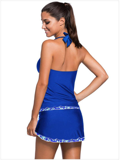 Sexy Backless Solid Two-Piece Skirt Swimsuit