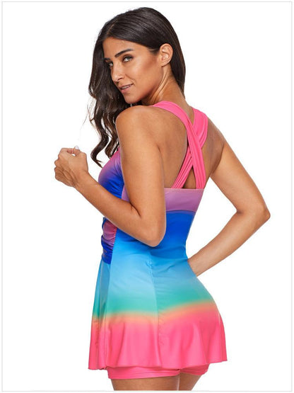 Gradient Color Skirt Split Two-Piece Slim Swimsuit