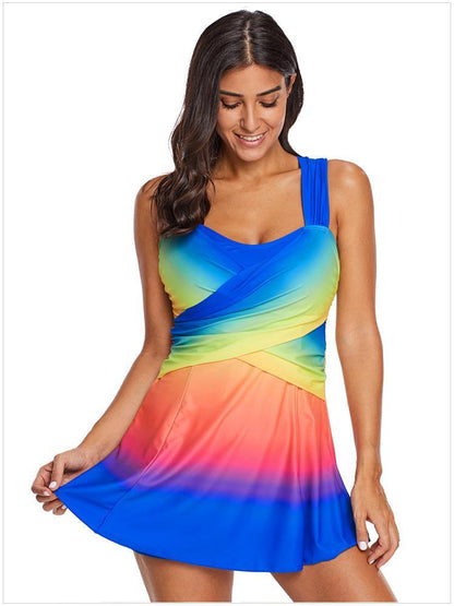 Gradient Color Skirt Split Two-Piece Slim Swimsuit