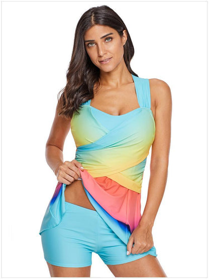 Gradient Color Skirt Split Two-Piece Slim Swimsuit