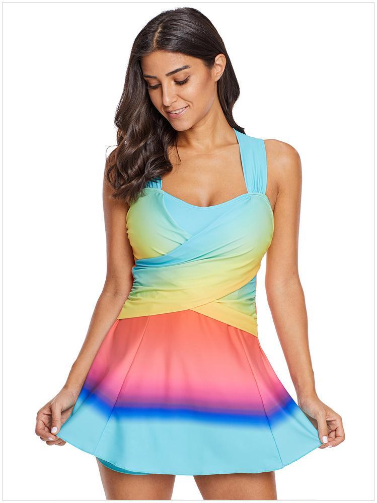 Gradient Color Skirt Split Two-Piece Slim Swimsuit