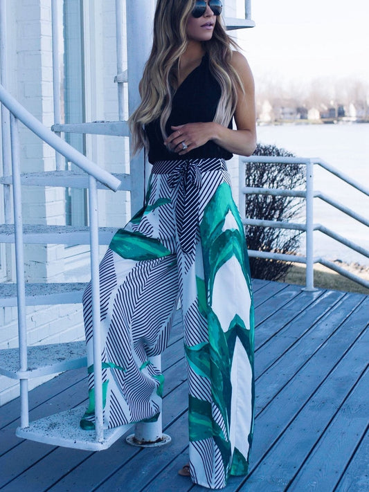 Retro Printed Lace-Up Skirt Pant