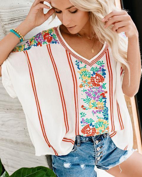 Casual V-Neck Chiffon Print Short Sleeve Shirt