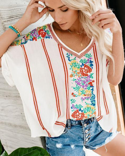 Casual V-Neck Chiffon Print Short Sleeve Shirt