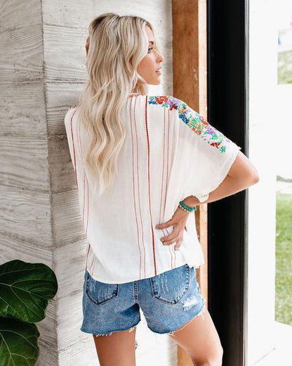 Casual V-Neck Chiffon Print Short Sleeve Shirt