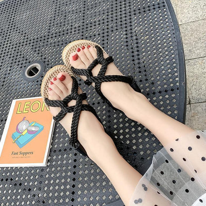 Beach Sandals Female Summer Retro Casual Simple Flat Open Toe Hemp Rope Woven Shoes