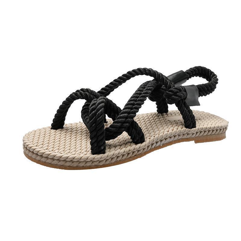 Beach Sandals Female Summer Retro Casual Simple Flat Open Toe Hemp Rope Woven Shoes