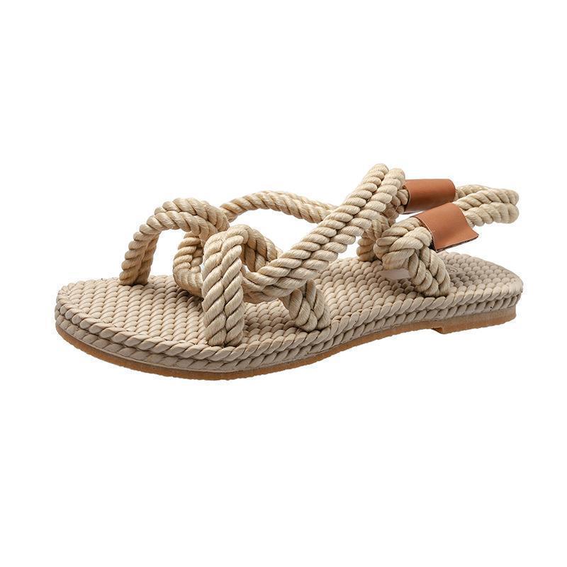 Beach Sandals Female Summer Retro Casual Simple Flat Open Toe Hemp Rope Woven Shoes