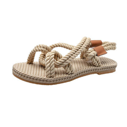 Beach Sandals Female Summer Retro Casual Simple Flat Open Toe Hemp Rope Woven Shoes