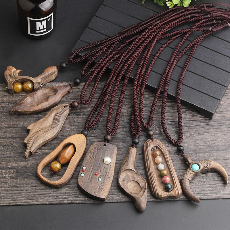 National Style Retro Long Sweater Chain Necklace Handmade Wooden Pendant Costume Pendant